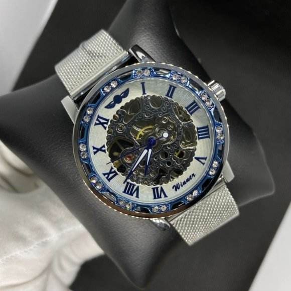 Silver Men's Business Fashion Skeleton Mechanical Watch - Picture 1 of 6